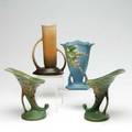 Roseville four vases blue bleeding heart 9688 rozane pattern 79 and pair of green bushberry cornucopias 1548 all marked