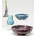Fulper  rookwood etc four pieces van briggle bulbous vase in turquoise glaze rookwood production squat vessel 1924 firing line fulper bud vase and fulper bowl nick to rim deep crazing all