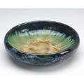Fulper low bowl covered in a deep blue and green flambe glaze vertical ink stamp 11 dia