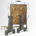 Arts  crafts fireplace pair of heavy wrought iron andirons together with a hammered copper fireplace screen in wrought iron screen 30 x 20 12
