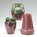Fulper three vases two in moss to rose flambe glaze all marked tallest 8 12