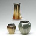 Fulper three vases two covered in cats eye flambe glaze all marked one rafco tallest 7 34