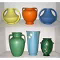 Weller  coors six vases two weller including one green cornis three coors and monmouth matte green urn all marked tallest 12 14