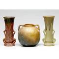Roseville three vases one bulbous earlam and two carnelian one yellow line i one pink line ii one marked tallest 6 14