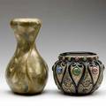 Amphora two pieces one twisted vase with leaves the other with beaded designs tight lines on foot both marked 8 14 and 4 12