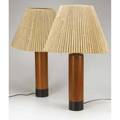 Danish pair of turned wooden table lamps with pleated raffia shades stamped made in denmark base 15 12 x 3 34