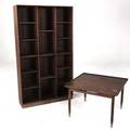 Danish modern twopiece open bookcase in teak and occasional table in teak and oak all marked bookcases each approx 30 x 35 12 x 10 12 table 19 12 x 29 12 sq