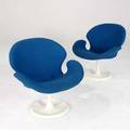 Modern pair of chairs in the style of arne jacobsens swan chair upholstered in royal blue fabric 30 x 29 x 29