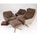 John stuart furniture suite upholstered in diamondpattern fabric on steel bases including three armchairs with matching ottoman along with footstool on wooden base largest 37 x 31 x 31