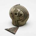 Cosanti figural ceramic bell incised with abstract faces with copper triangle and hanging chain 8 x 8
