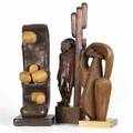 Modern wood sculptures three works of art all unsigned one inscribed tallest 30 12 shortest 19