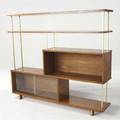 Style of paul mccobb room divider with brass uprights walnut shelves and glass doors 52 x 60 x 12