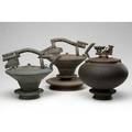 Tim mather two glazed stoneware teapots on stands and one covered jar on stand all signed largest 13 x 14 12 x 11