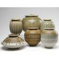 Tom turner six porcelain covered jars covered in brown olive and ash glazes all signed largest 10 12 x 11 12