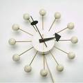 George nelson  howard miller white lacquered wood and metal ball clock with brass rods howard miller clock company label 13 dia x 3 14