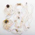 Collection of cultured pearl and gold jewelry eight pieces include single and multi strand pearl necklaces bracelets and earrings with embellished or gemset clasps 14k18k yg and wg pearls 74 