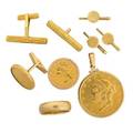 American gold coin and other gents gold jewelry nine pieces 20 gold liberty 1876 in 14k numismatic pendant setting pair of 5 gold eagle coins 1886 in 14k numismatic cufflink mounts 18k hinged d