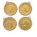 Four french 40 franc gold coin charms coins include emperor napoleon 1808 louis xviii 1818 charles x 1830 louis philippe i 1833 twisted wire frames 421 dwt