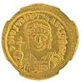 Ancient byzantine justinian i av solidus coin 527565 ad 447 g constantinople mint 6th officina struck 545565 obverse helmeted and cuirassed bust facing holding globus cruciger and shield r