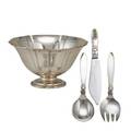 Arthur stone or georg jensen sterling footed flared centerbowl with vertical fluting by arthur stone gardner ma 5 12 x 9 12 georg jensen cactus solid salad serving spoon and fork and hh f