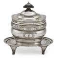 Urquhart  hart george iii silver tea caddy tray horizontally lobed cushion shape with oak foliage and greek key incised decoration 1803 tower reserves 4 34 over finial companion oval teapot st