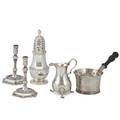 18th century london silver five pieces sugar caster charles adam britannia 1716 wood handled brandy saucepan william fleming britannia 1717 pair of britannia taper sticks london 1721 indi