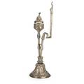 Ornate indian silver hookah bell shaped base supports threaded double tube column lotus bowl sensor lid with peacock finial pipe end with chimera mouthpiece elaborate repoussage and chasings thro