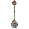 Faberge russian silver gilt cloisonne spoon handle terminal and bowl with shadowed abstract decorations on olive and blue ground the bowl and handle with unusual turquoise stippled enamel marks of