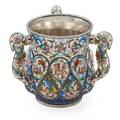 Ruckert cloisonne enameled silver three handle cup fedor ruckert moscow 18981908 88 silver multi jewel toned enameled teardrop lobes depict griffins and leafy foliage within twisted rope work bor