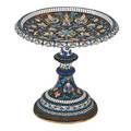 Russian enameled silver gilt tazza v akimov shallow bowl with scalloped apron and knopped column floral and ribbons of delicately shaded cloisonne enamel on stippled ground stepped dome foot mos