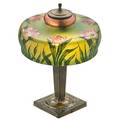 Pairpoint table lamp with parrot tulips and classical base new bedford ma 1920s acidetched obverse and reversepainted glass patinated metal two sockets shade signed the pairpoint co ba
