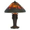 Handel teroma table lamp with lush landscape meriden ct ca 1910 acidetched obverse and reversepainted glass patinated metal three sockets shade stamped handel patent no base stamped h