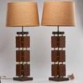 Danish style pair of walnut and brass table lamps with woven shades 20th c unmarked 33 x 15
