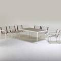Richard schultz knoll international outdoor dining table and six chairs two arm four side new york 1970s enameled aluminum and steel mesh stitched leather manufacturer label to table tabl