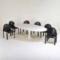 Eero saarinen gae aulenti knoll international tulip dining table and six armchairs usa 1970s enameled steel laminate leather manufacturers labels table 38 34 x 96 x 53 12 chair 33 x