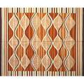 French accents flatweave wool area rug in abstract pattern with stripes in burnt orange chocolate celery and rust new york marked fa in ground 72 x 94