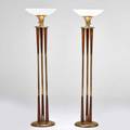 Designer pair of torcheres usa 1950s brass plated metal stained wood reverse painted glass unmarked 64 x 18 dia