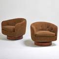 Milo baughman thayer coggin pair of swivel lounge chairs high point nc 1970s walnut upholstery remnants of labels 24 x 30 x 31