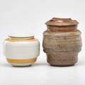 Karen karnes two covered jars vermont ca 1970s glazed stoneware chopmark kk taller 7 x 5 12 dia