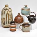 Modern stoneware six pieces including jo reid two individual tea pots bottle shaped vase joyce flynn covered jar bud vase striped coupe 1970s some marked tallest 11 12 x 5 34 dia
