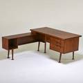 Leopold lshaped work station burlington io 1950s walnut patinated metal metal label as shown 30 x 60 x 68 depth desk 27