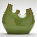 Studio asymetrical terra cotta triple vase avocado green glaze unmarked 12 x 13 12 x 6 12