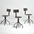 Industrial three contemporary stools 1990s stained oak patinated steel unmarked tallest 36 x 15 x 22
