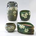 Roseville four pieces dogwood i two handled vase and jardiniere dogwood ii planter with liner and jardiniere zanesville oh 191628 dogwood i marked tallest 12 12