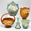 Roseville five clematis pieces brown basket brown vase blue bud vase small blue planter and blue cookie jar with lid zanesville oh 1944 all marked tallest 10 x 9 dia