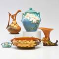 Roseville clematis cookie jar low bowl and ewer together with water lily cornucopia and candlestick zanesville oh 194344 all marked tallest 10 12