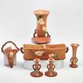 Roseville six pink apple blossom pieces pair of candlesticks trumpet vase bud vase wall pocket and planter zanesville oh 1948 all marked tallest 10 14