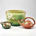 Roseville large green apple blossom jardiniere pink apple blossom lidded teapot and small green white rose vase zanesville oh 1930s40s all marked tallest 10 x 14 dia
