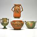 Roseville four bushberry twohandled vases brown bulbous brown trapezoidal green bulbous and green footed zanesville oh 1948 all marked tallest 8 14