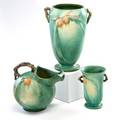Roseville three green pinecone pieces 5 vase water pitcher 10 vase zanesville oh 1935 all marked